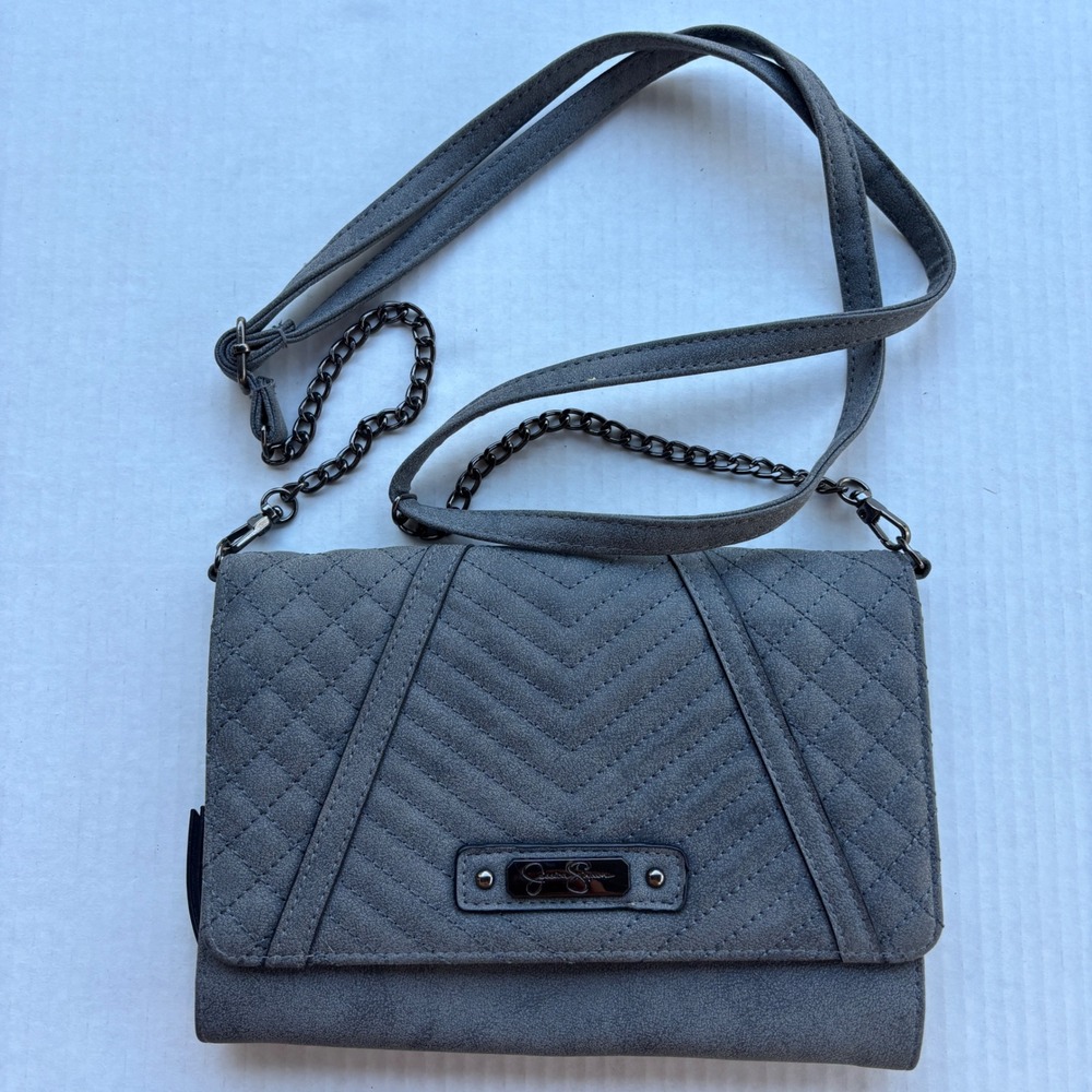 Jessica Simpson Gray Quilted Faux Suede Crossbody Wallet Bag Clutch Gunmetal New